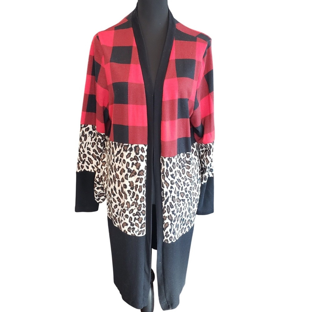 Sunshine & Rodeos Buffalo Plaid‎ Leopard Patchwork Long Cardigan XL